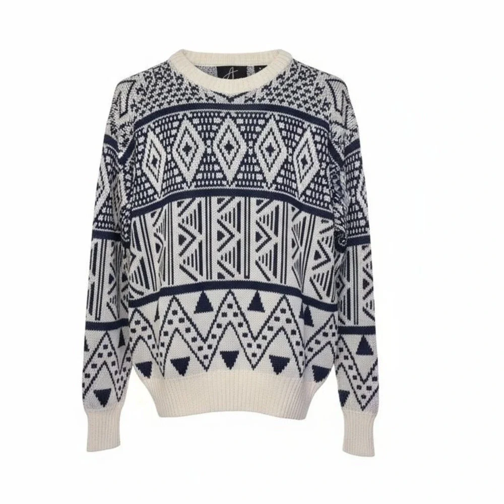 Vintage Anthonys Crew Neck Sweater‎ White Blue Geometric Aztec Print Medium